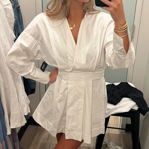 Zara White V-Neck Pleated Mini Dress